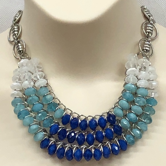 Blue Aqua White silver tone statement necklace - Picture 2 of 5